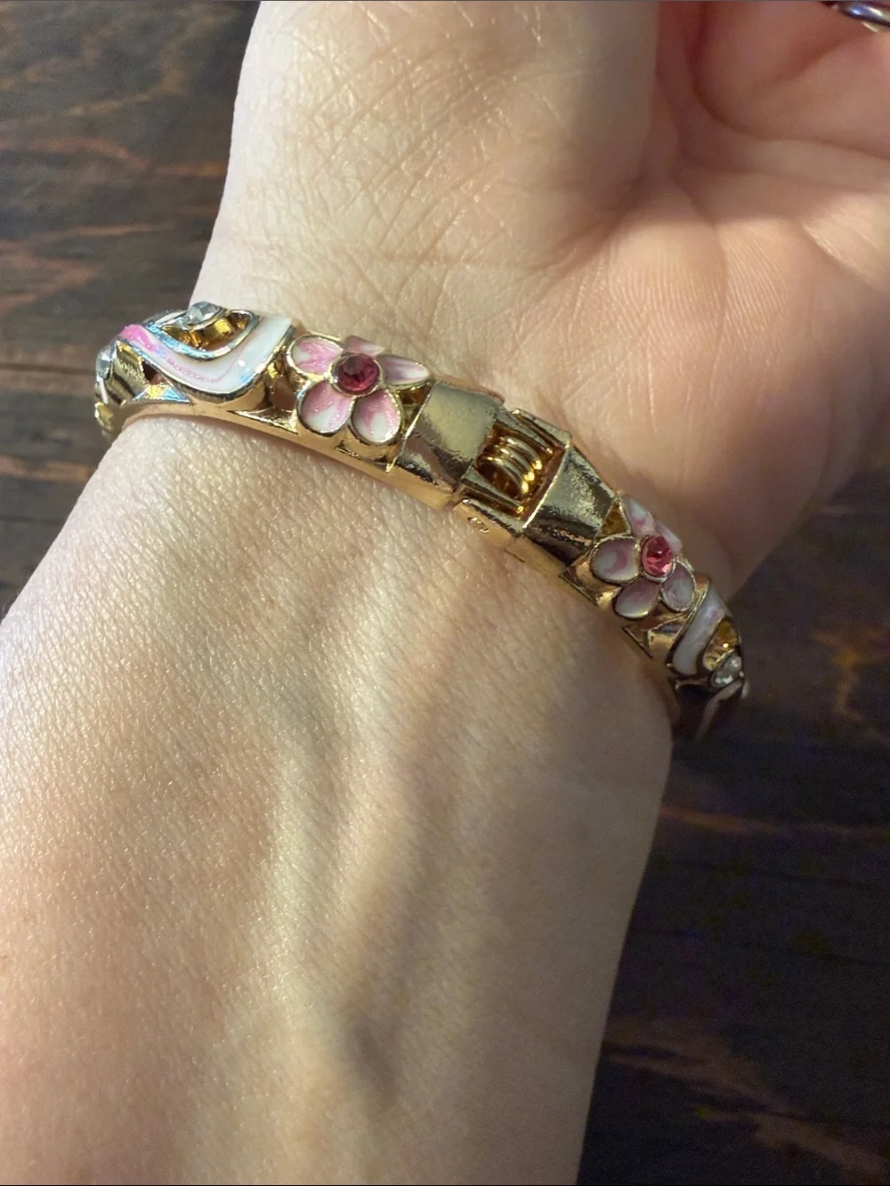 Gold Plated Enamel Flower Rhinestones Enamel Flower Rhinestone Bangle Bracelet